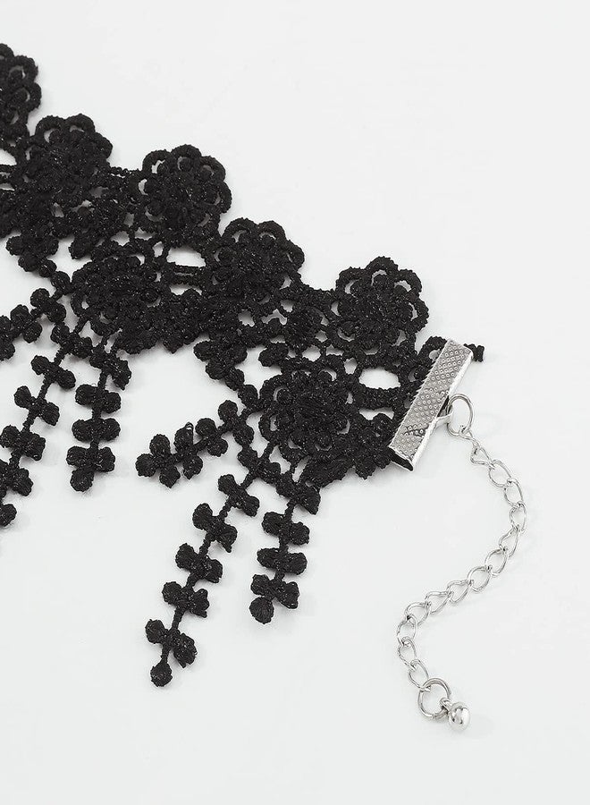 Rannyrena Gothic Lace Flower Choker Necklace Wide Short Collar Necklace Black White Braided Floral Necklace Boho Party Accessory for Women (Black) - Image 5